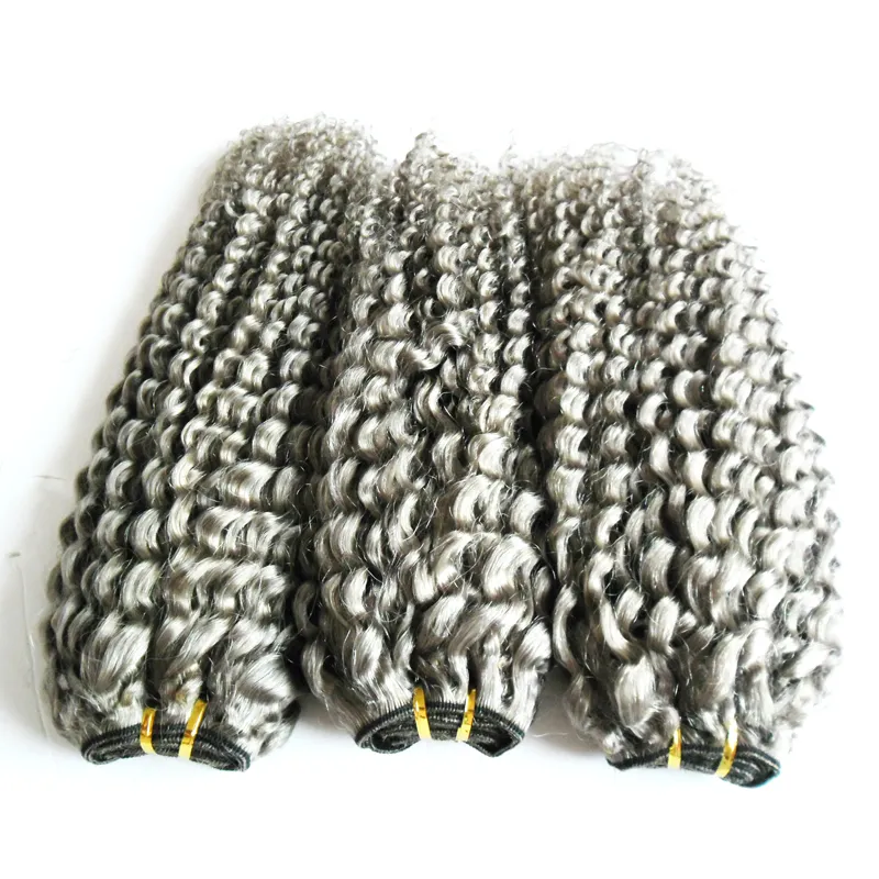 Extensões de cabelo cinzento tecer kinky curly cabelo humano pacotes 3 pçs / lote Virgem brasileira onda pêlos tece, desenhado duplo, sem derramamento