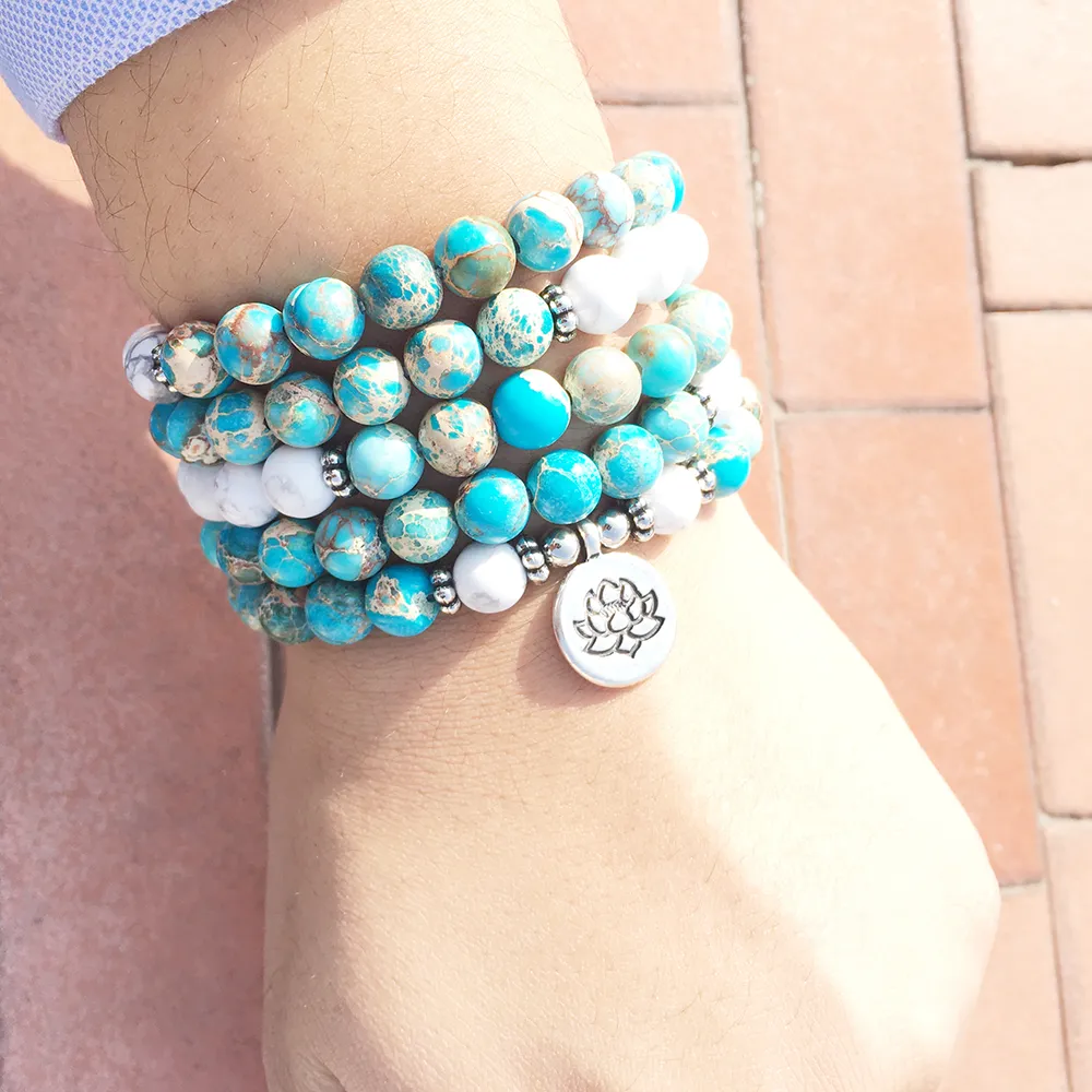 SN1101 Howlite Jasper Mala Bracelet 108 Perles Mala Wrap Bracelet ou Collier Reiki Chapelet Prière Lotus Bracelet 234c