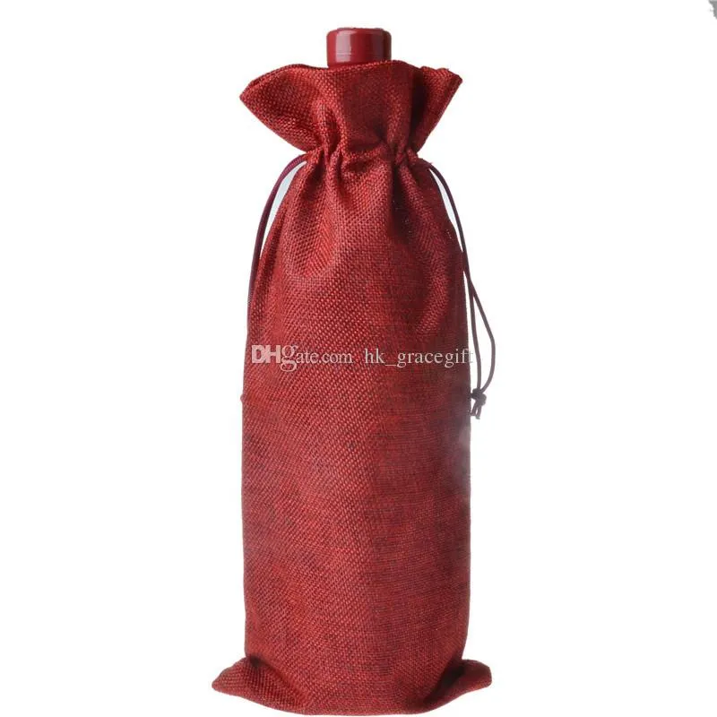 Sacs rouges à cordon de serrage en lin 16*36cm, emballage de bouteille de vin, pochettes en jute, logo personnalisé.