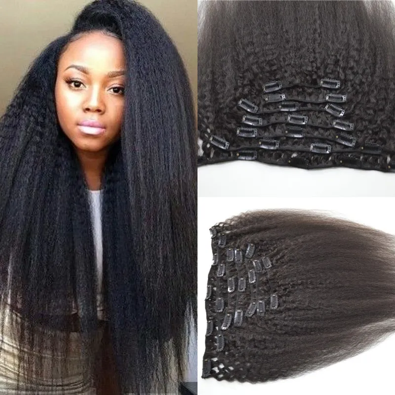 7 pièces/ensemble 100% mongol humain Remy crépus pince droite ins couleur naturelle 12-26 pouces extensions de cheveux humains vierges G-EASY