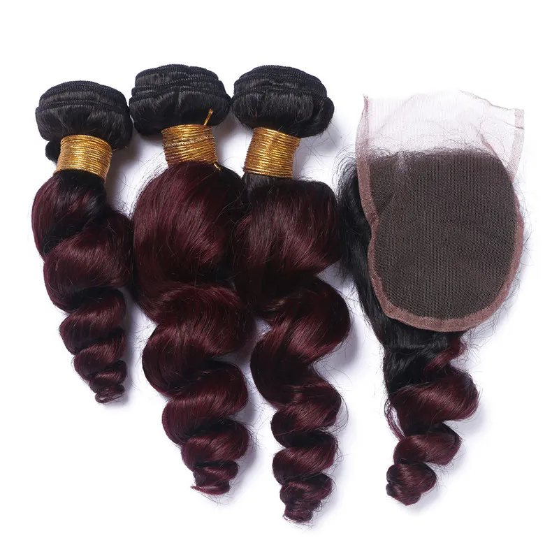 # 1B / 99J Vinho Tinto Tom dois Raízes Ombre peruana Virgin cabelo humano tece solto Aceno 3Bundles Com 4x4 Lace escuras Encerramento Burgundy Red