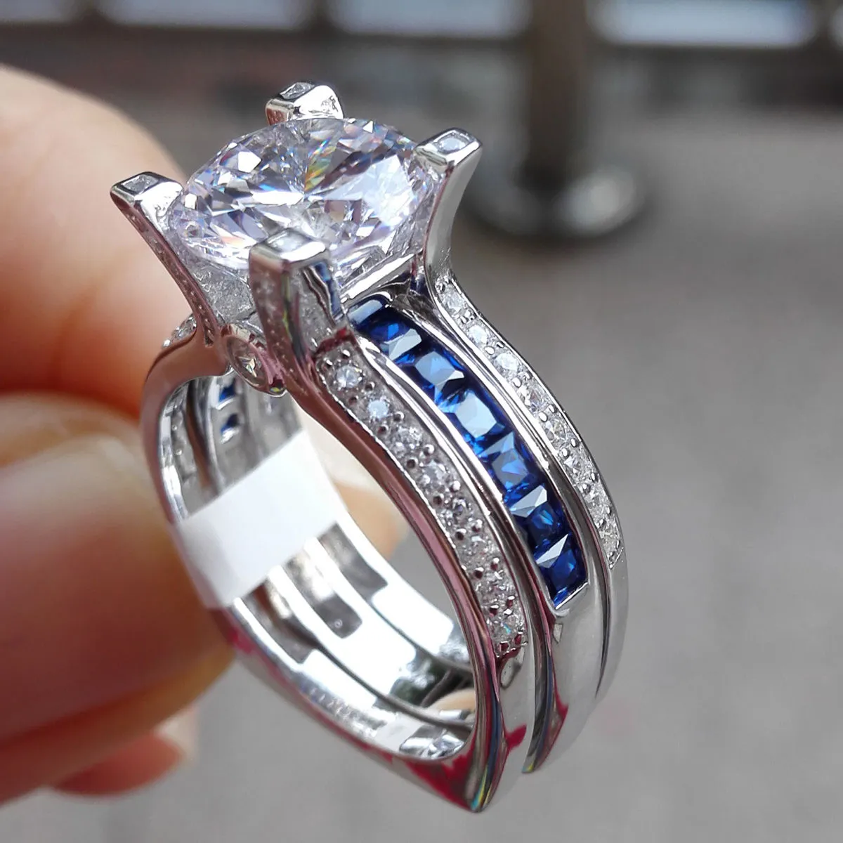 Size5-11 Hurtownie Moda Biżuteria Trendy 925 Sterling Silver Wypełnione Blue Sapphire Gemstones Round Cut CZ Diamond Women Bridal Ring Set Prezent