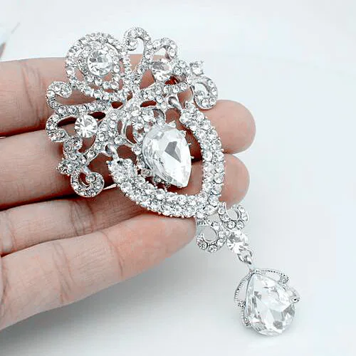 3.8 Inç Gümüş Alaşım Lüks Düğün Gelin Buketi Temizle Büyük Kristaller Bırak Broş Sıcak Satış Kadınlar Broşlar Iğneler Yüksek Kalite Takı Pin