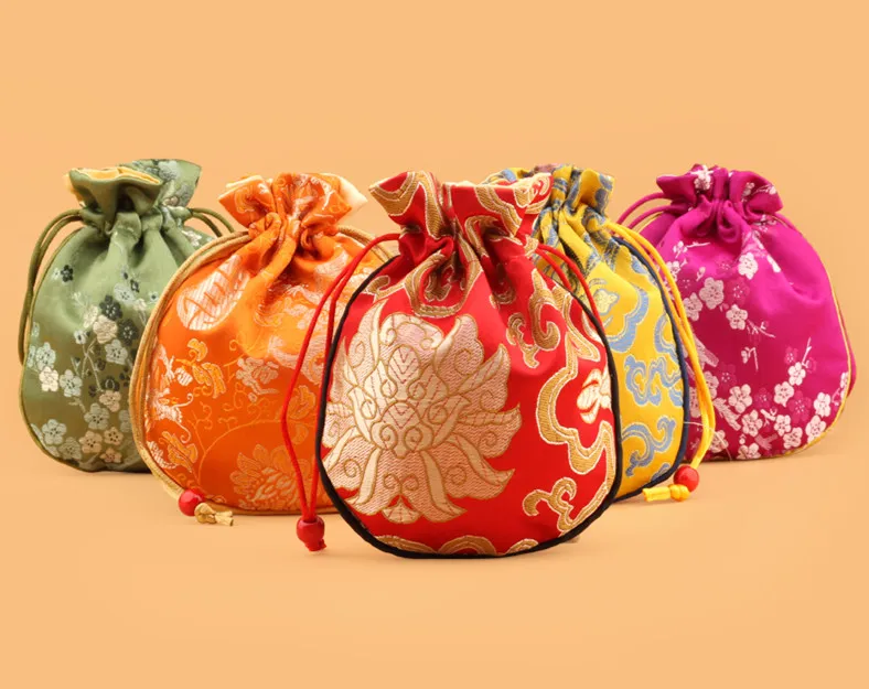 Cotton filled Thick Small Cloth Bag Chinese Silk Brocade Travel Jewelry Storage Bag Drawstring Crafts Trinket Gift Packaging Pouch 