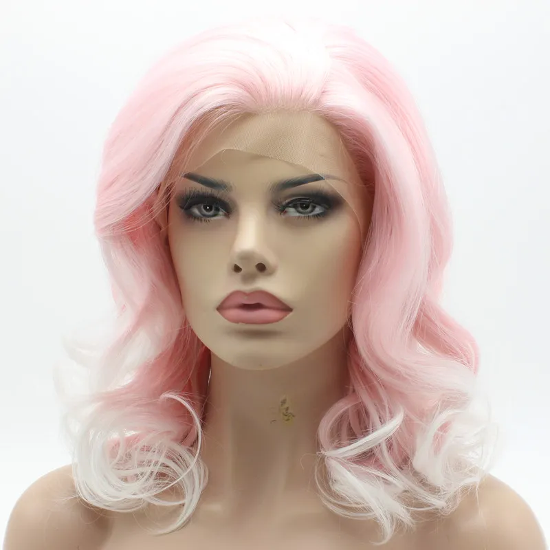 Iwona Hair Wavy Shoulder Length Pink Root White Ombre Wig 193100B1001 Half Hand Tied Heat Resistant Synthetic Lace Front Wig3931555