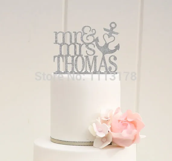Wholesale- Glitter Mr and Mrs Wedding Cake Topper with YOUR Last Name Heart Anchor Nautical Beach Toppers