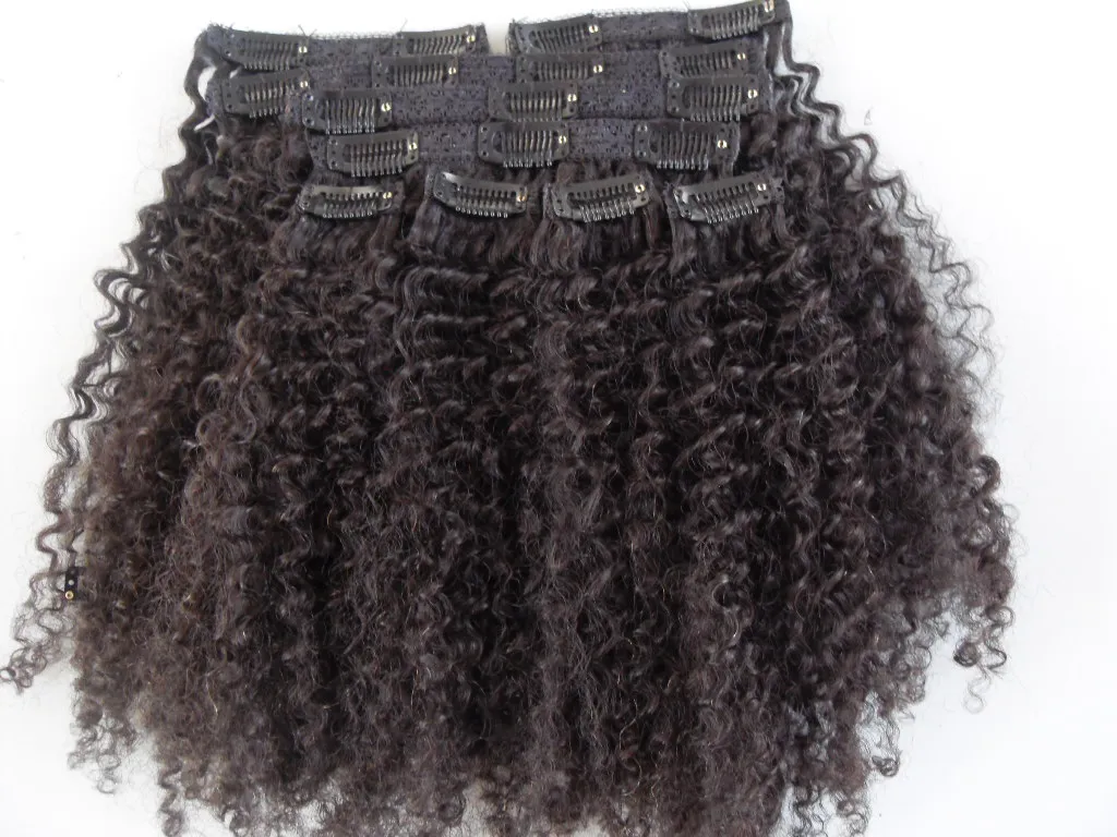 mongolian human virgin hair extensions with lacing cloth 9 pieces with 18 clips clip in hair kinky curly hair dark brown natural black color