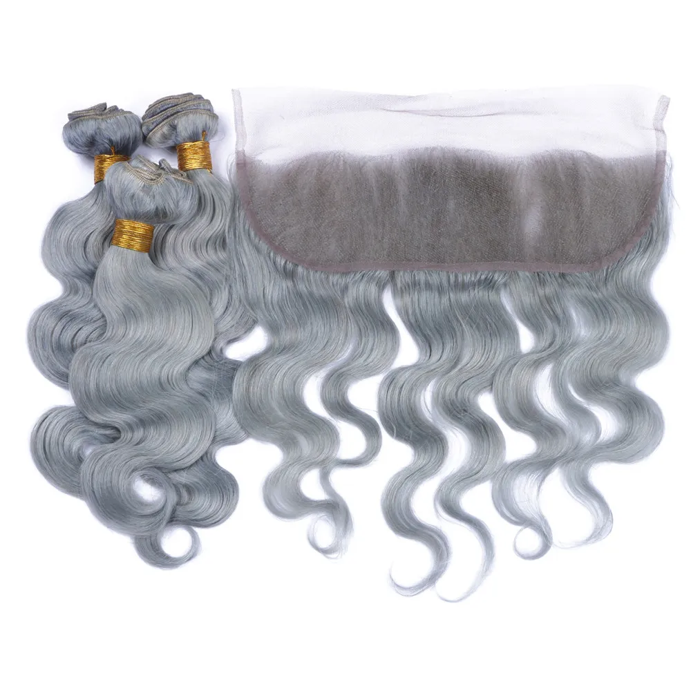 Color de moda Gris plateado Onda del cuerpo Cabello virgen humano Cordón frontal con paquetes Extensión de cabello resistente al calor gris con cierre Cabello gris