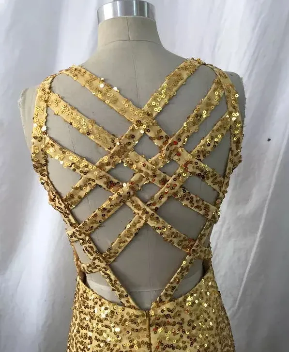 Sexy Gold Sequins Arabic Prom Party Dresses V Neck High Slit Mermaid Backless Plus Size Cheap African Evening Wear Gowns Real Picture