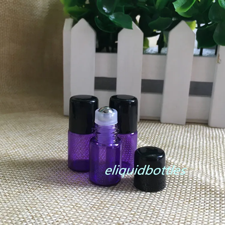 NOUVEAUX PRODUITS !!! Mini bouteilles en verre violet de 2ml, avec rouleau en acier inoxydable, couvercles noirs, pour jus d'huile essentielle, maquillage, 1800 pièces
