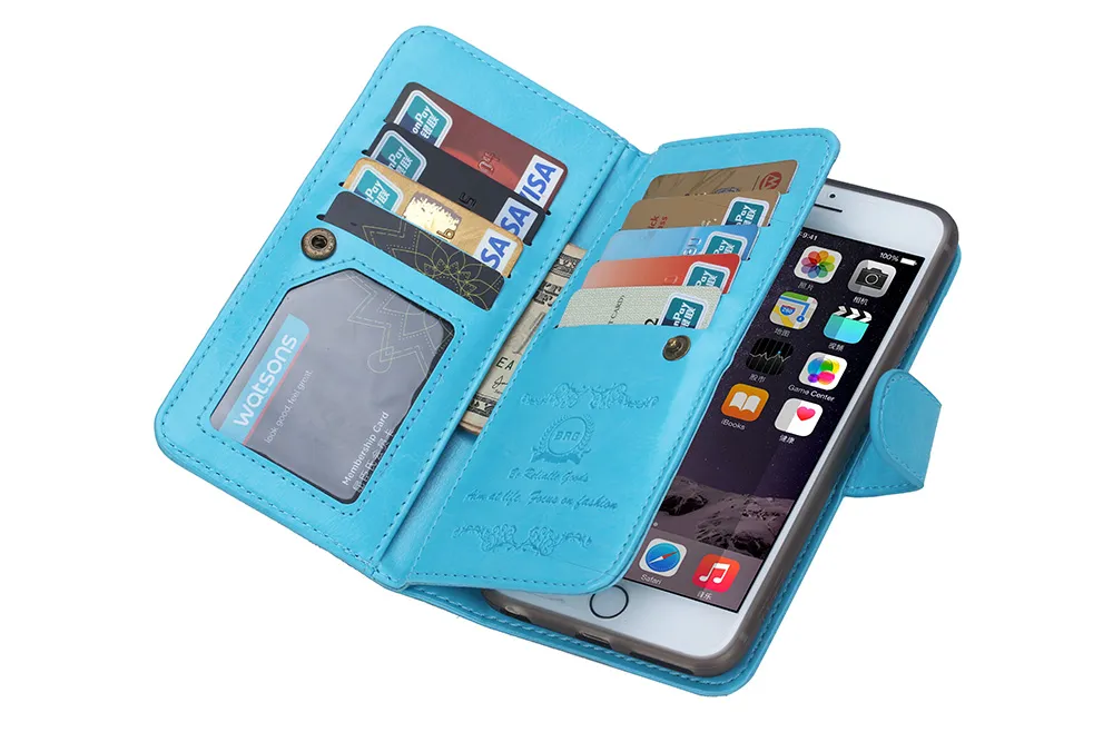 Custodia in pelle portafoglio con 9 carte staccabile magnetica 2in1 iphone 5 5s se 6 6s iphone 7 Galaxy s4 s5 s6 s6 edge s7 20 pz / lotto