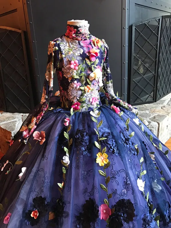 2017 muito fairty flor meninas dress alta neck manga comprida floral 3d apliques meninas pageant vestidos linda mão made flores vestido de aniversário