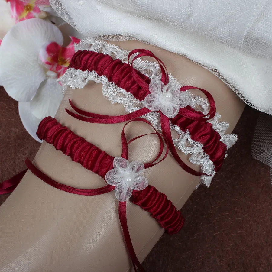 2pcs 8 Colors Sexy Satin Ribbon Bow Bridal Garters Wedding Garter Set Pearl Accessories Burgundy White Red Pink Sky Blue Black Navy