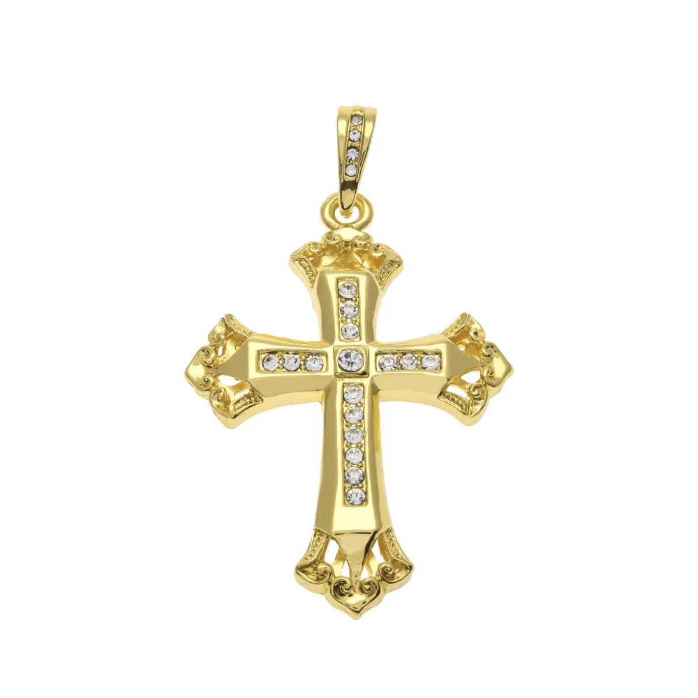 Bling Bling imité diamant pendentif croix collier or jaune plaqué collier pour hommes de haute qualité pendentif exquis en gros