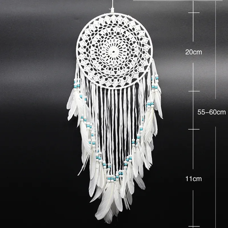 Circulaire de receveur de rêve en dentelle fait à la main avec des plumes décoration suspendue Ornement Craft Croched White Dreamcatcher Wind Chimes7220278