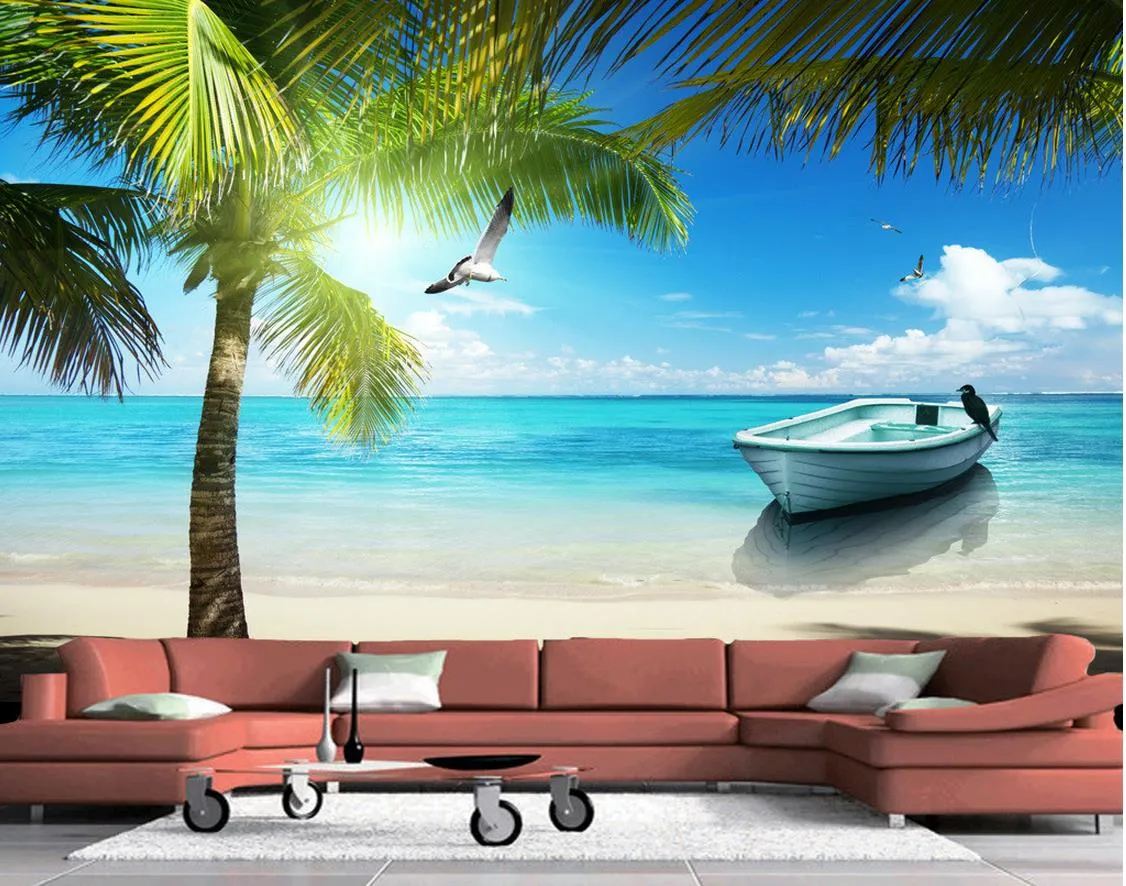 몰디브 바다 해변 코코넛 나무 벽화 3d 벽지를 보십시요 tv 배경을위한 3d 벽 서류