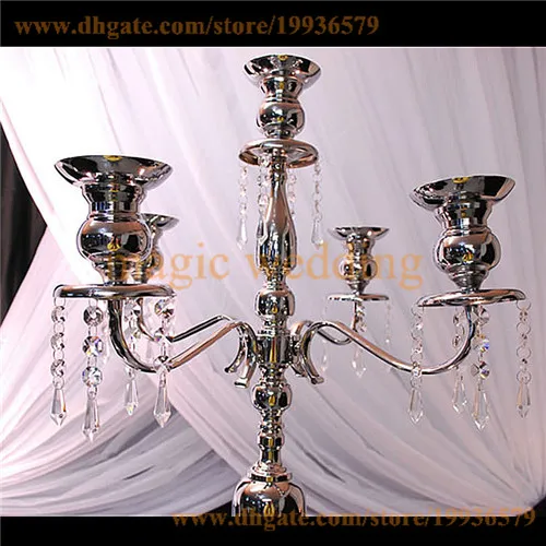 5ft Lang 5 Arm White Gold Silver Floor Candelabra met opknoping Crystal Bead voor Home Party Decoration