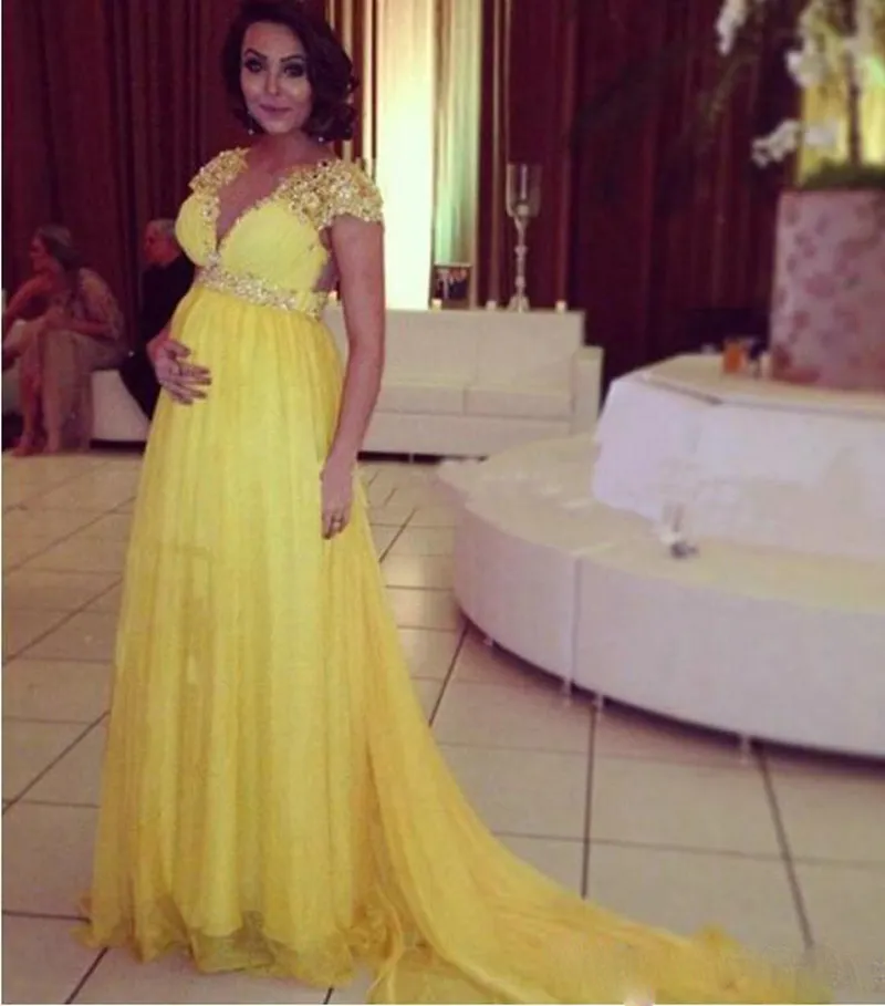 Robe De Soiree Nouveaute Yellow Bridesmaid Dresses for Pregnant Women Cap Sleeve lace chiffon Wedding Guest Dress2584389