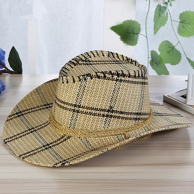 Save Big on Bulk Straw Cowboy Sun Hats Men Plaid Straw Cowboy Hat With Rope  Women Wild Brim Western Cap Chin Strap Cowgirl Sun Hats Summer Unisex Caps 