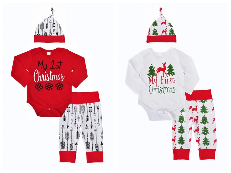 Abiti con frecce per bambini Il mio primo Natale Cartoon lettera stampa cappello + pagliaccetto + pantaloni 3 pezzi / set Xmas Deer vestiti per bambini Abbigliamento per bambini di alta qualità