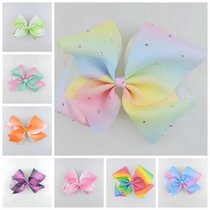 20st Jeweled Pastel Flora Ombre Ribbon 18cm JoJo Big Signatur Hair Bows Alligator Clips Crystal Rainbow Rhinestone Tillbehör HD3474