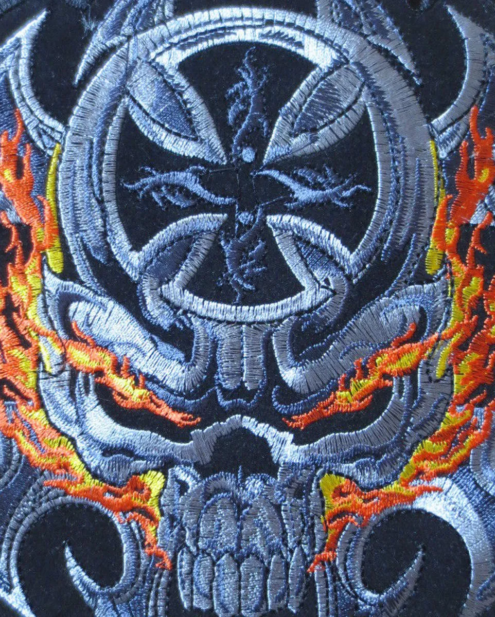 Details zum 7'' großen PATCH Biker Stickerei Patches Flammenschädel gekreuzt 19 cm 17 cm Green House Patch222P