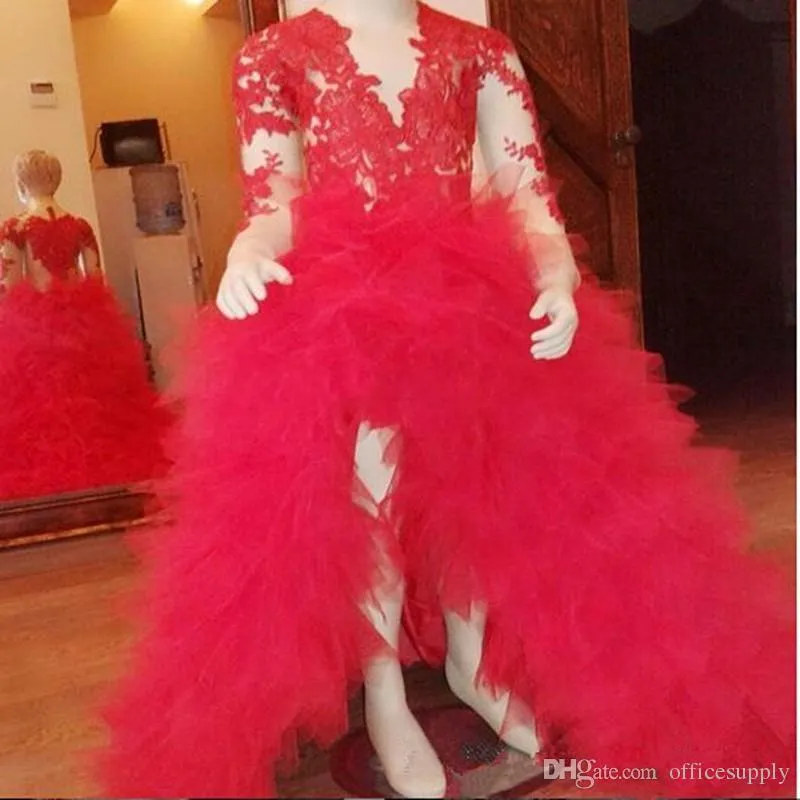 Bella rossa maniche lunghe Appliqued Hi Lo Tiers Neonata Festa di compleanno Natale Bambini Ragazza Abiti da spettacolo Abiti da ragazza di fiori economici