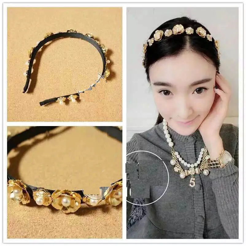 Fashion Brand Metal flower hairbands hair jewelry Women pearl headbands Wedding hair accessories Bridal head jewelry Gold headbands 2017