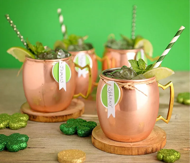 Moscow Mule Mule المطلية بالمطالبة MOSCOW MUG 304 مصنوعة من الفولاذ المقاوم للصدأ البيرة كوكتيل كوب كوب النحاس أكواب روز طبل طبل DRIKTWARE 18 أوقية