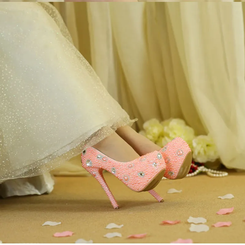 Newest Arrived Pink Pearls With Rhinestone Bridal Wedding Shoes With Matching Bag Stiletto Nightclub High Heels Women Shoes