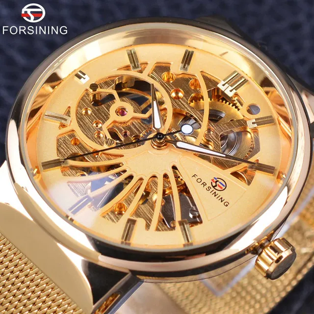 Forsining 2019 Fashion Luxe Skeleton Casual Dressing Design Golden Rvs Mannen Horloge Topmerk Luxe Mechanische Watch222i