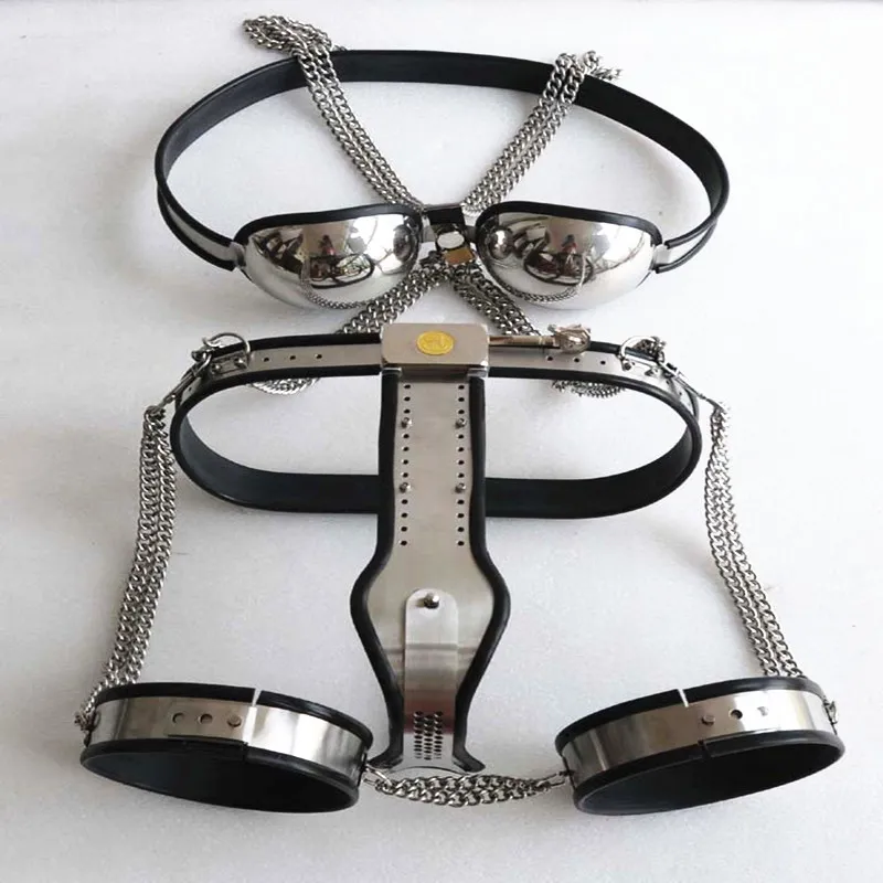 Żeński Chastity Belt + Bra + Pierścionki Udo Slave Sex BDSM Stal nierdzewna Bandaż Bandaż Uchwyta Pas Zabawki Sex Dla Kobiet G7-5-18