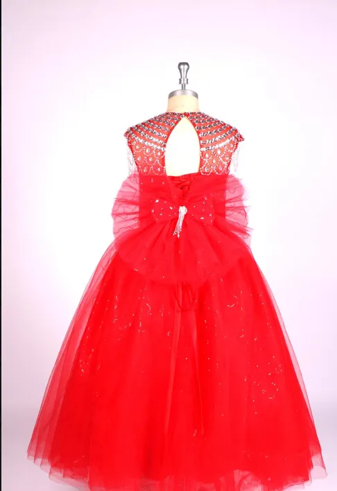 ラグジュアリークリスマスガールページェントのドレスキャップスリーブ主要ビーズクリスタルパーティードレス女の子チュール赤い花ガールズドレスレアルイメージ