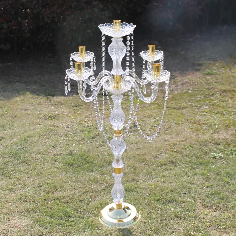 New 90cm height Acrylic 5-arms golden color metal candelabras with crystal pendants wedding candle holder centerpiece 1 =