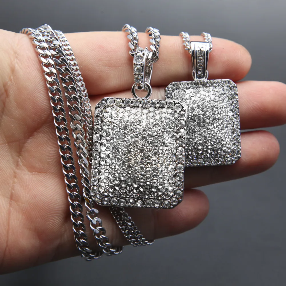 Mens Full Iced Out CZ 골드 실버 스퀘어 도그 태그 펜던트 쿠바 체인 힙합 랭킹