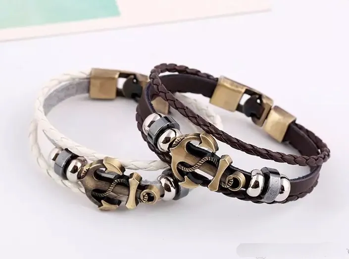 2017 DIY Leder Perlen Charm Armbänder für Männer Mode Charme Schmuck Punk Wachs Seil Manschetten Armreifen Anker Multilayer Legierung Armband