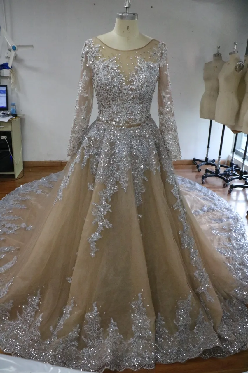 100% image réelle robes de mariée robe de bal scintillante pure cou paillettes perlées tulle manches longues robes de mariée dos nu robe de mariée grande taille