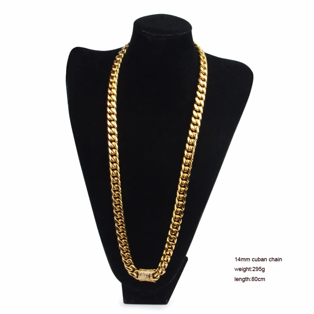 14mm 18-30inches Mens Cuban Miami Link Necklace Stainless Steel CZ Clasp Iced Out Gold Hip hop Chain Necklace