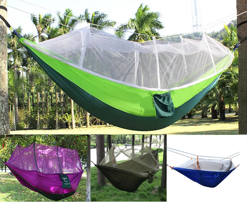 Atacado 50 pçs / lote ao ar livre portátil camping mosquito net dormindo hammock alta resistência tela de pára-quedas dupla cama de suspensão