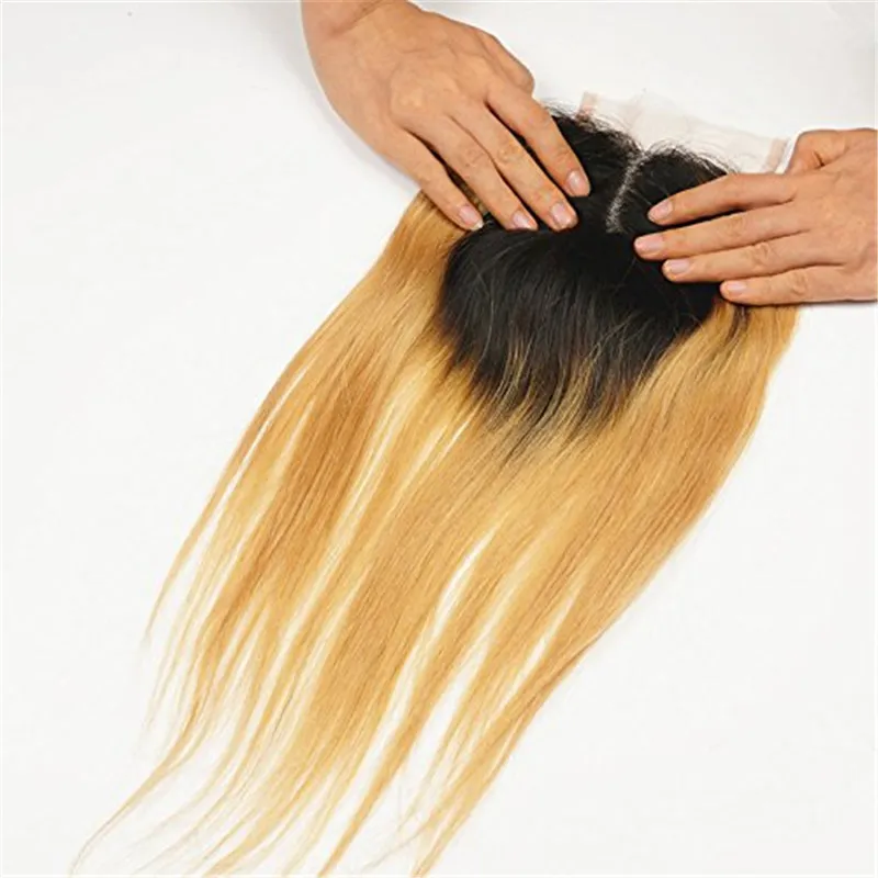 # 1B 27 Biondo miele Ombre Capelli vergini peruviani con chiusura in pizzo 3 fasci Capelli lisci intrecciati con radici scure Chiusura in pizzo biondo marrone