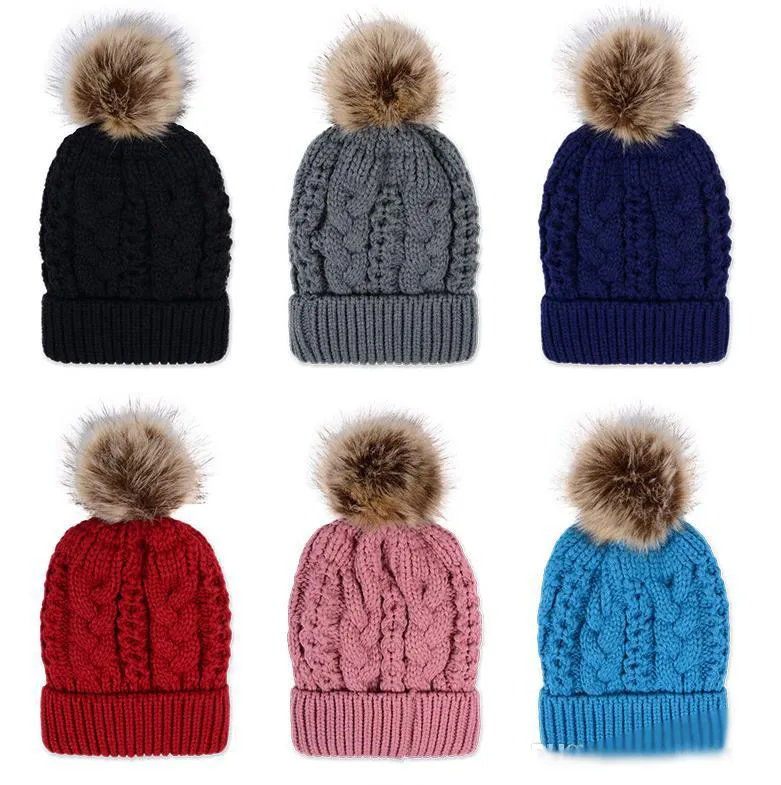 Chaud femmes hiver chaud tricoté à la main fausse fourrure pompons bonnet chapeau haute qualité chaud laine tricoté bonnet Skully laine chapeau bonnets