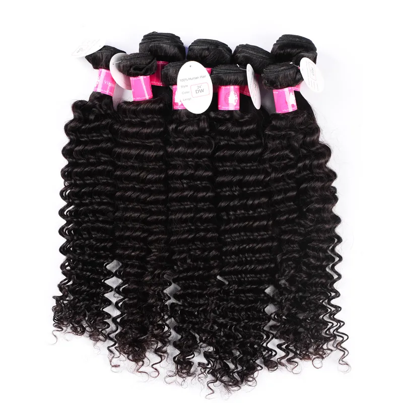 HELA 10BUNDLAR LOT 8A Virgin Brasilianska Deep Wave Weaves 1B Natural Black Virgin Human Hair Weft för Women286b