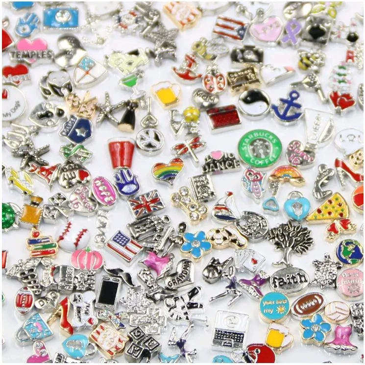 Hot Groothandel 100 stks / partij Drijvende medaillon Charms Bulk Mix Veel stijlen Multi Designs Sieraden Fittingen voor Zinklegering Medaillons Hanger