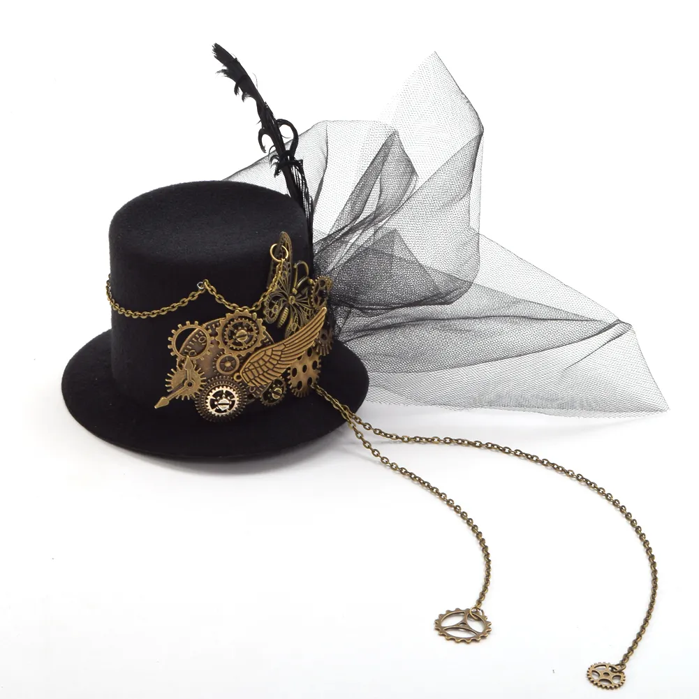 Preto gótico feminino steampunk engrenagem asas relógio borboleta min topo chapéu laço grampo de cabelo headwear cosplay acessório8353123