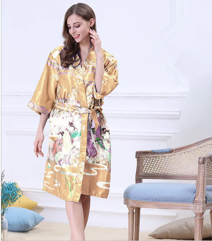 Women Japanese Yukata Kimono Nightgown Print Floral Pattern Satin Silk Vintage Robes Sexy Lingerie Sleepwear Pijama263K