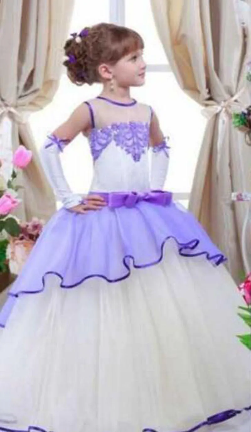 Lavender White Little Girl Wear Formal Dresses Kids Lace Sheer Neck Ball Gown Flower Girl Dress