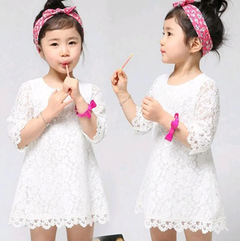 Girls Lace Dresses 2017 Summer Autumn Style Floral Baby Kids Girls Three-quarter Sleeves Straight Dress Children Clothing Cheap Wholesale