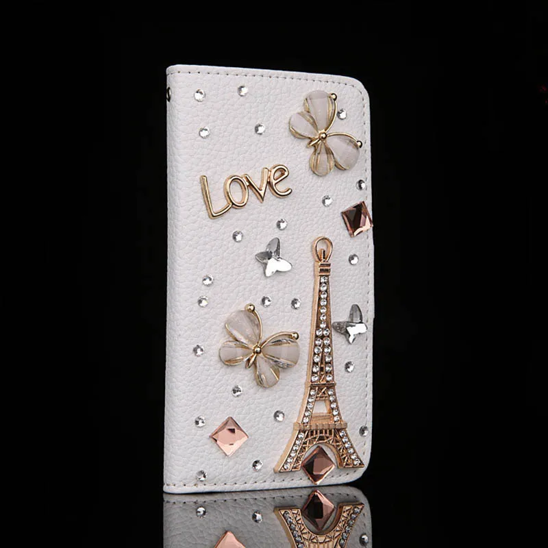 Bling Rhinestones Shiny Eiffel Tower White Flip Leather Phone Case Cover for Iphone 5G/5S 6G/6S For Samsung Galaxy Note5 Bag Case