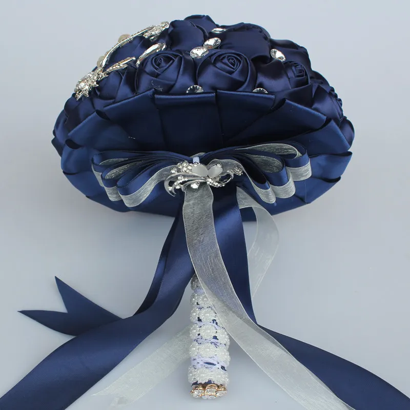 Navy Wedding Bouquets Artificial Sweet 15 Quinceanera Bouquet Crystal Silk Ribbon New Buque De Noiva W228L 6381123