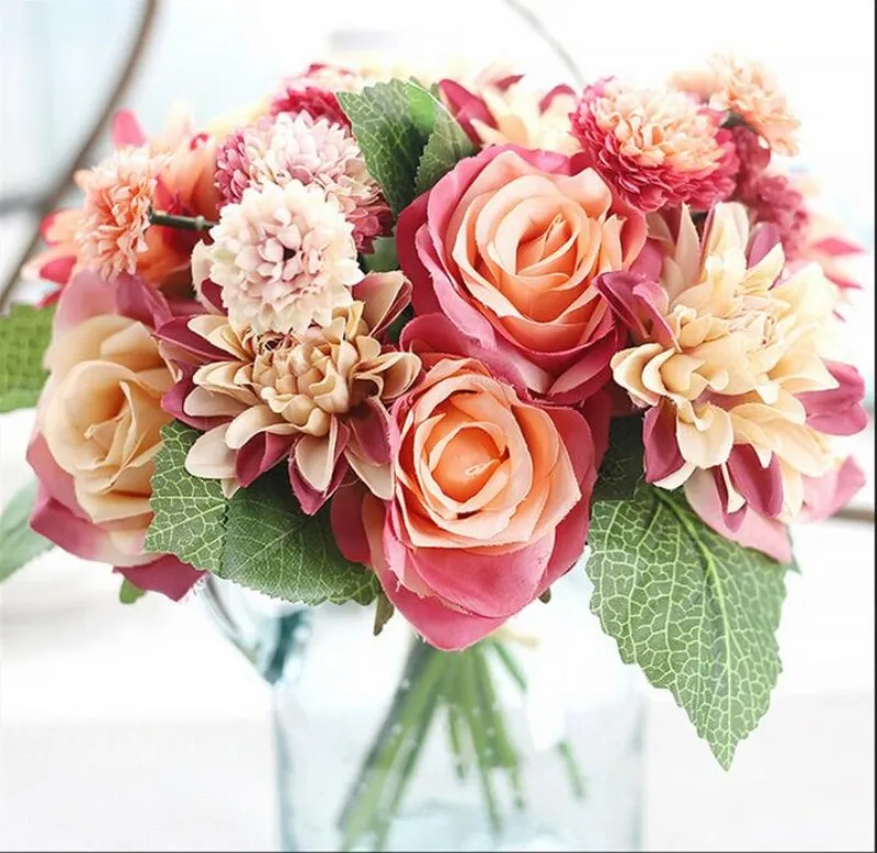 Ny 30cm / 11.8 "Silke Flower Wedding Bouquet Rose Dahlia Artificial Flowers Bridal Bouquets Fake Plant Home Party Decoration